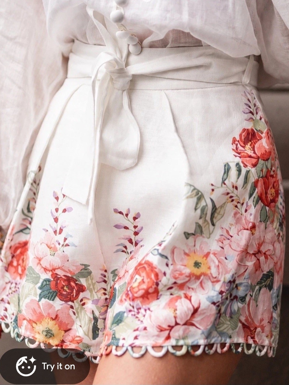 Zimmermann Floral Linen Mini Shorts Size 1 High Rise Scalloped Hem